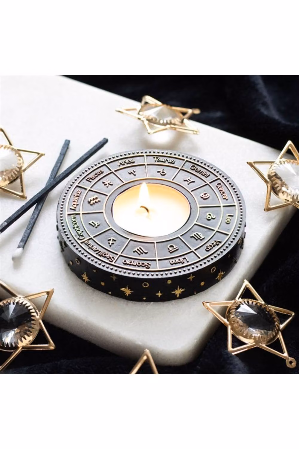 KDMD Astrology Wheel Tealight Candle Holder, Black and Gold Metal Celestial Decor – 3