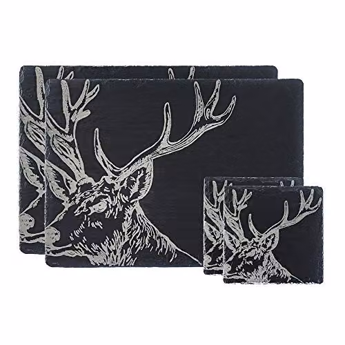 Selbrae House Stag Slate Coaster and Place Mat Set in Black – 2