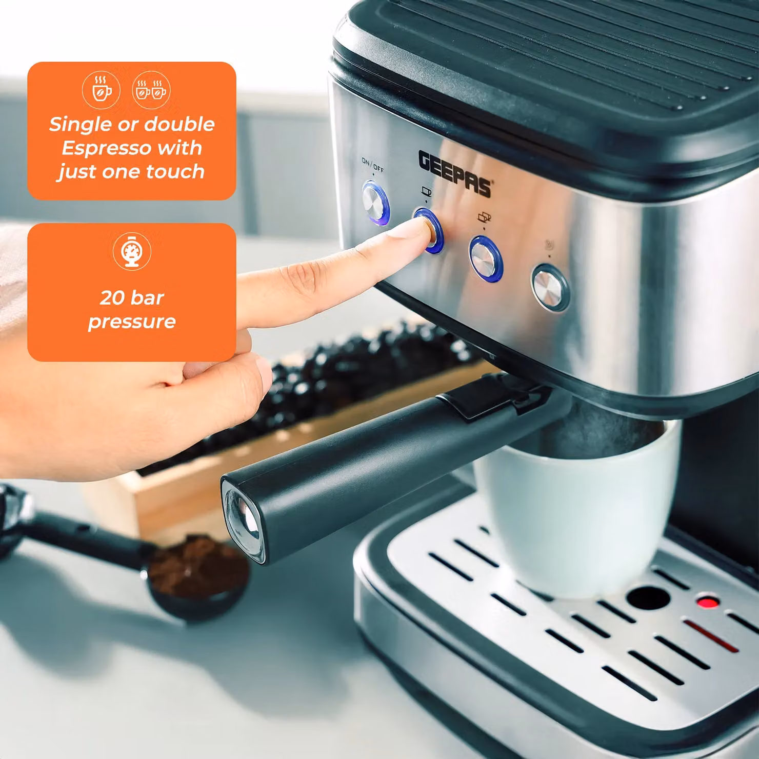 Geepas Espresso and Cappuccino Coffee Machine with 20 Bar Pressure and 450W Coffee Grinder Combo Set in Metallic Silver – 4