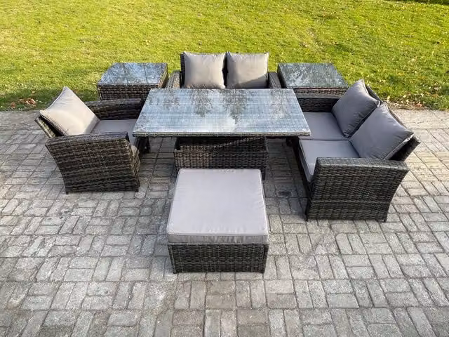 Fimous 7-Piece Rattan Outdoor Garden Furniture Set in Dark Grey with Height Adjustable Lifting Table, 2 Side Tables and Large Footstool