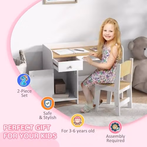 ZONEKIZ Kids Desk and Chair Set for Ages 3-6 Years in White – 4