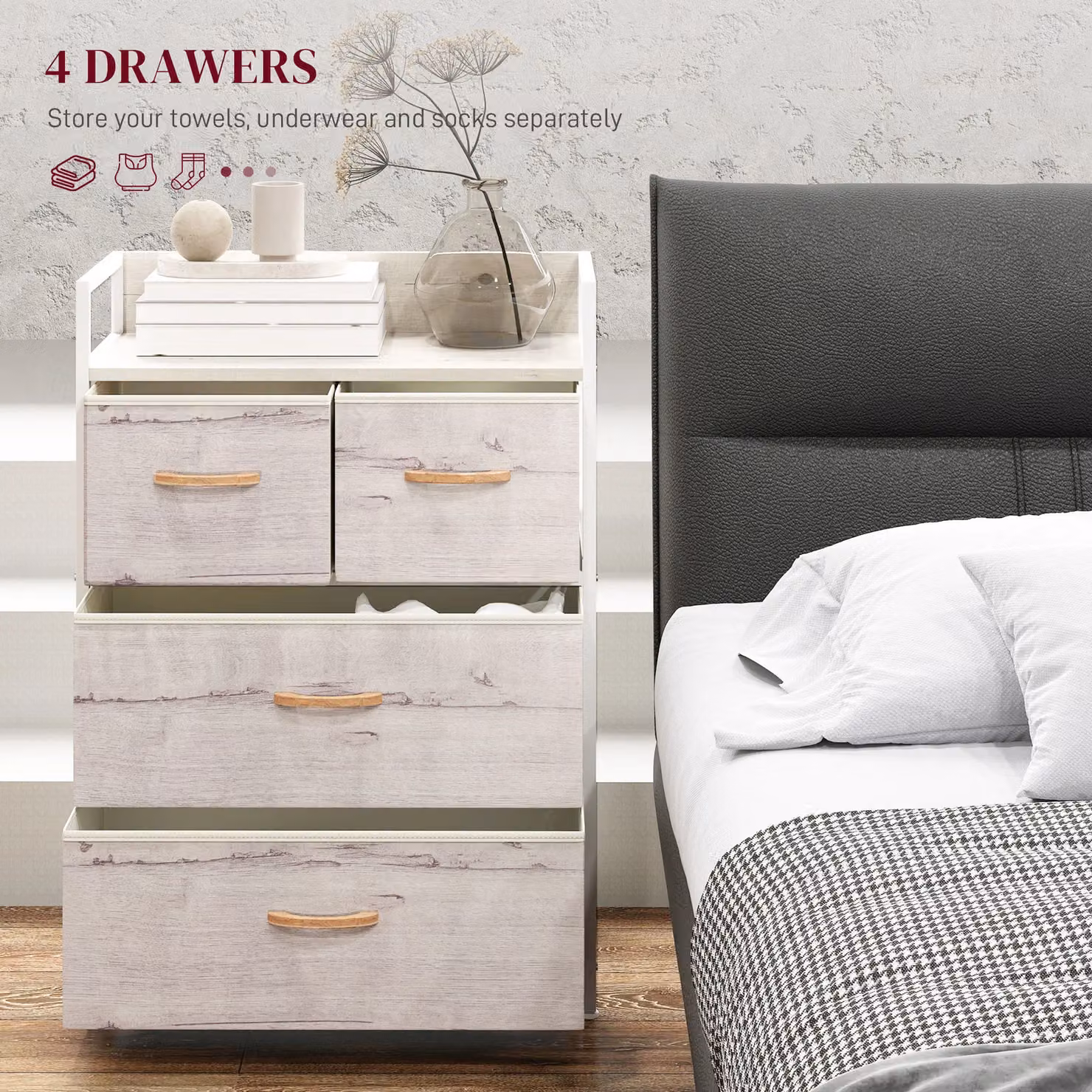 HOMCOM 4 Drawer Bedroom Chest of Drawers with Shelf in Natural Brown, Sand and White – 3