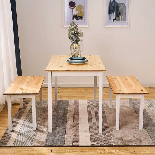Kelvenix Scandinavian Pine Dining Table and Chairs Set with White and Grey Lacquered Frame