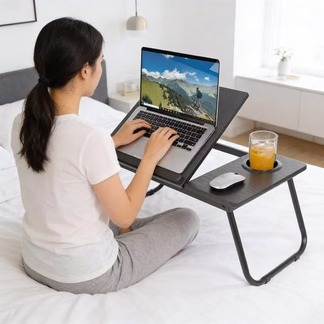 Harbour Housewares Black Folding Lap Desk with Tilting Reversible Top and Cupholder