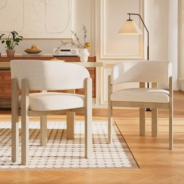 Matteo Bouclé Upholstered Solid Wood Dining Chairs in Natural Beige – 1