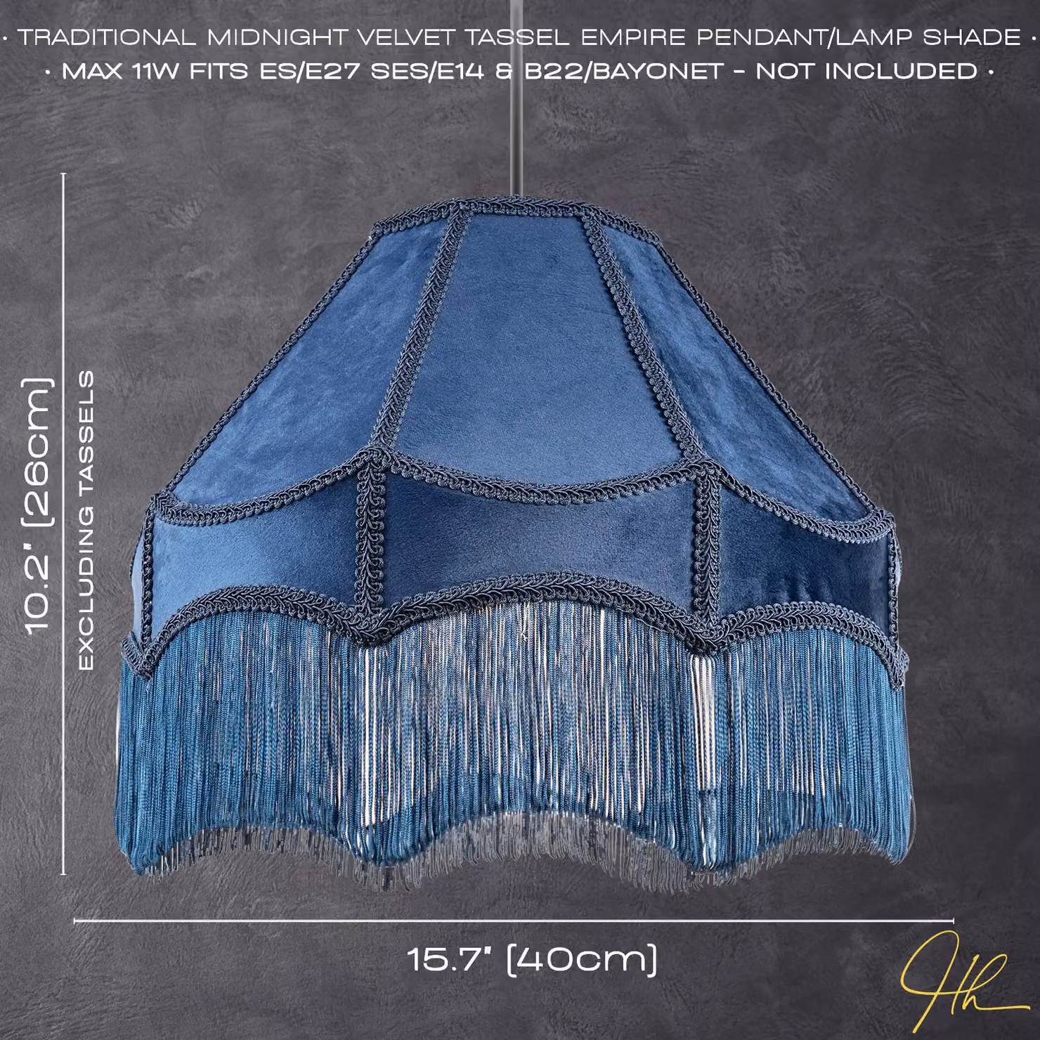 Happy Homewares Traditional Victorian Empire Soft Velvet Lamp Shade with Lengthy Tassels in Midnight Blue, Diameter: 40.64 cm – 5