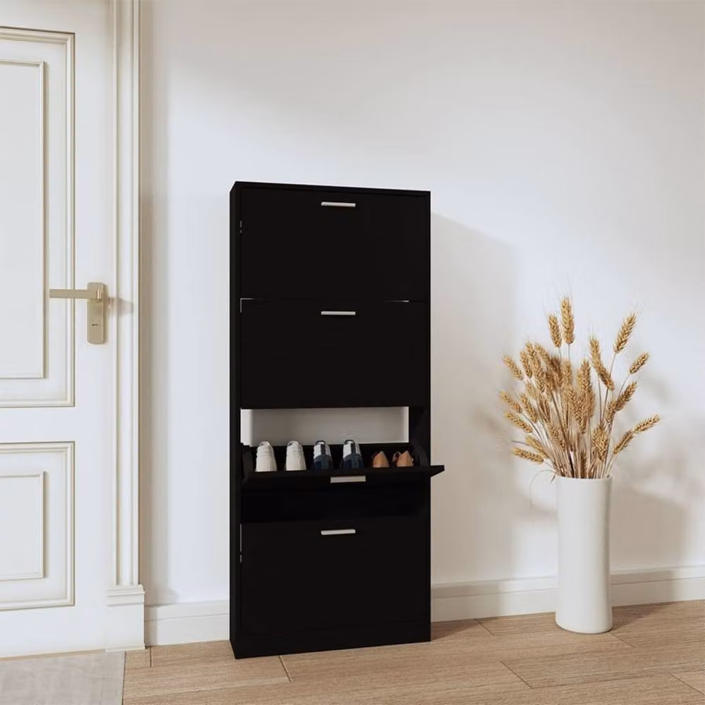 Berkfield Home Black Modern Shoe Cabinet with Tilting Compartments and Internal Drawers, W: 59 cm, D: 17 cm, H: 150 cm – 2