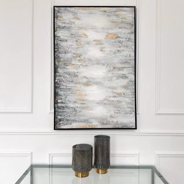 Modish Furnishing Abstract Canvas Wall Art in White, Black and Gold