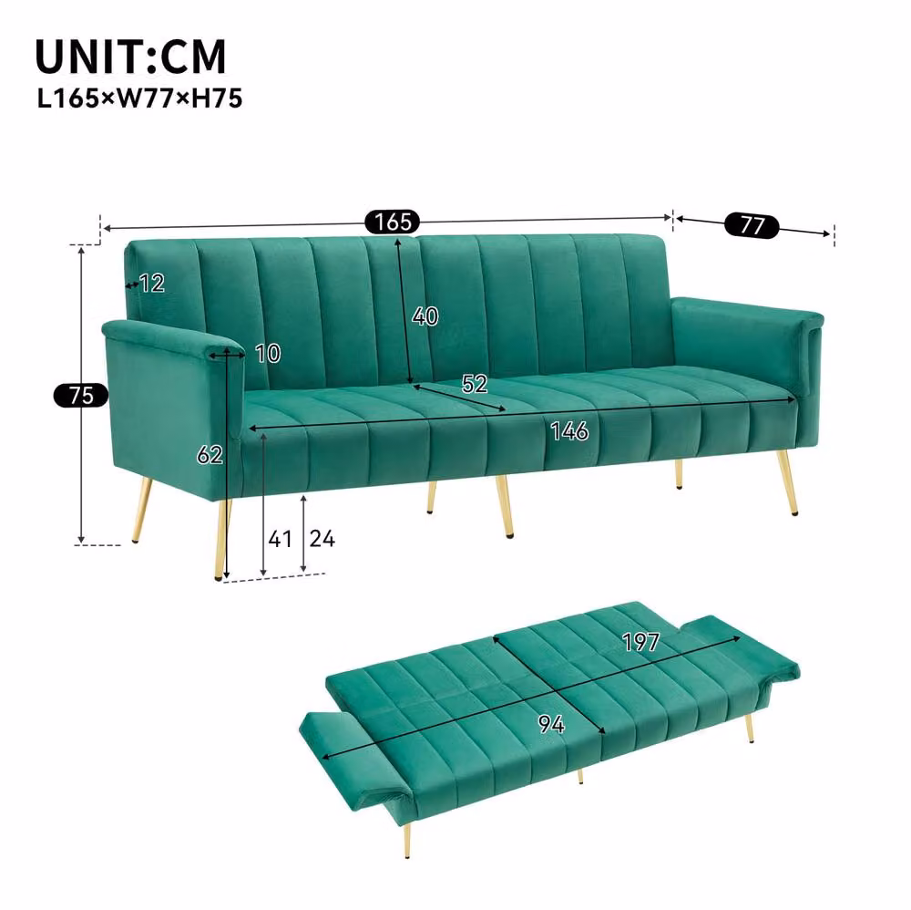 STILVORA 2-Seater Green Velvet Click Clack Sofa Bed with Adjustable Headrest, W/D/H: 197 x 94 x 75 cm – 2