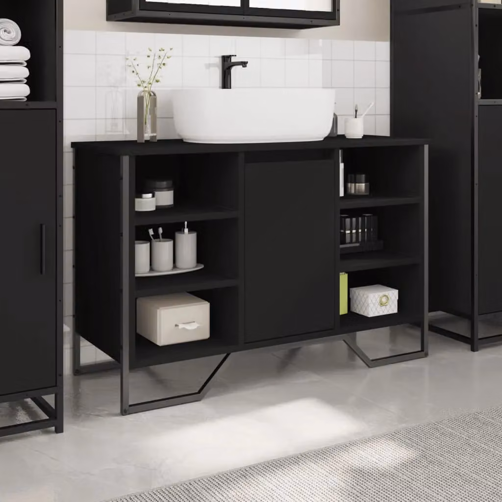 Berkfield Home Black Freestanding Bathroom Sink Cabinet with Internal Shelves and Open Shelf, W/D/H: 91 x 35 x 60 cm – 3