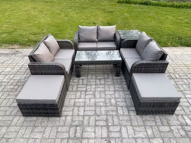 Fimous 7 Piece Grey Wicker Rattan Garden Furniture Set with Coffee Table, 2 Seater Sofa, Love Seat, 2 Footstools and Side Table