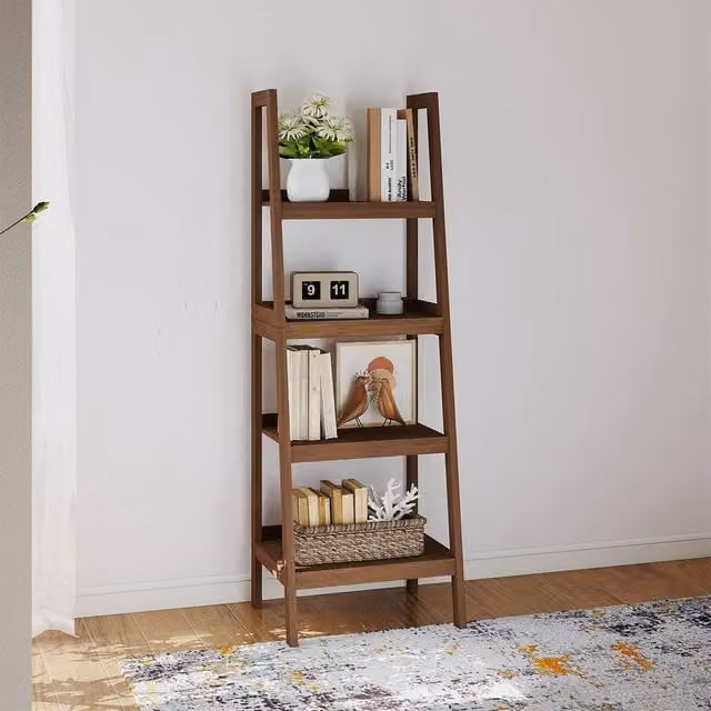 Melody Maison Mid-Century Style 4 Tier Wood Ladder Shelf in Natural Brown, Height: 178 cm