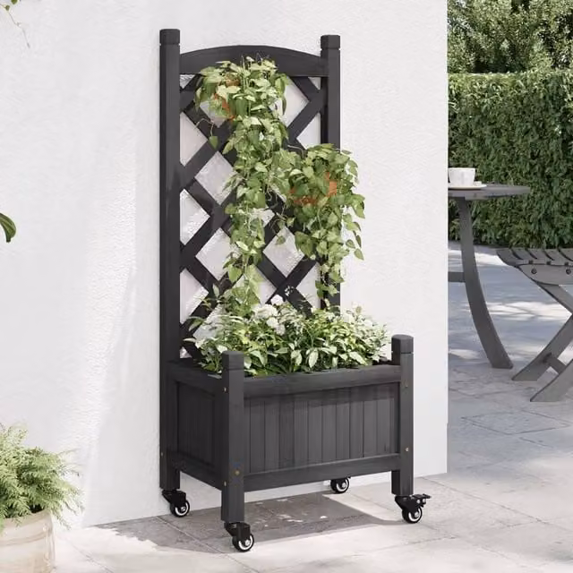 Berkfield Home Black Solid Wood Planter with Trellis and Wheels