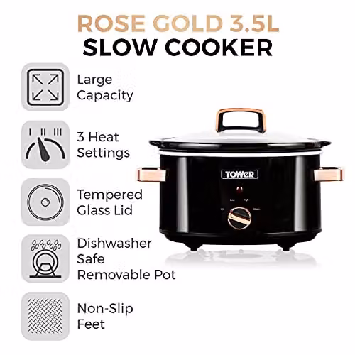 Tower 3.5 Litre Slow Cooker in Black and Gold with Keep Warm Function and Stainless Steel and Glass Accents, 210W – 2