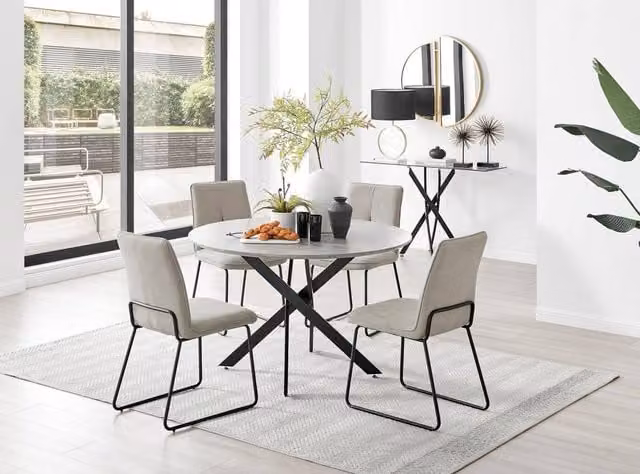 FurnitureboxUK Novara Round Dining Table with 4 Halley Chairs, Grey Concrete Effect and Beige Fabric, Diameter: 120 cm
