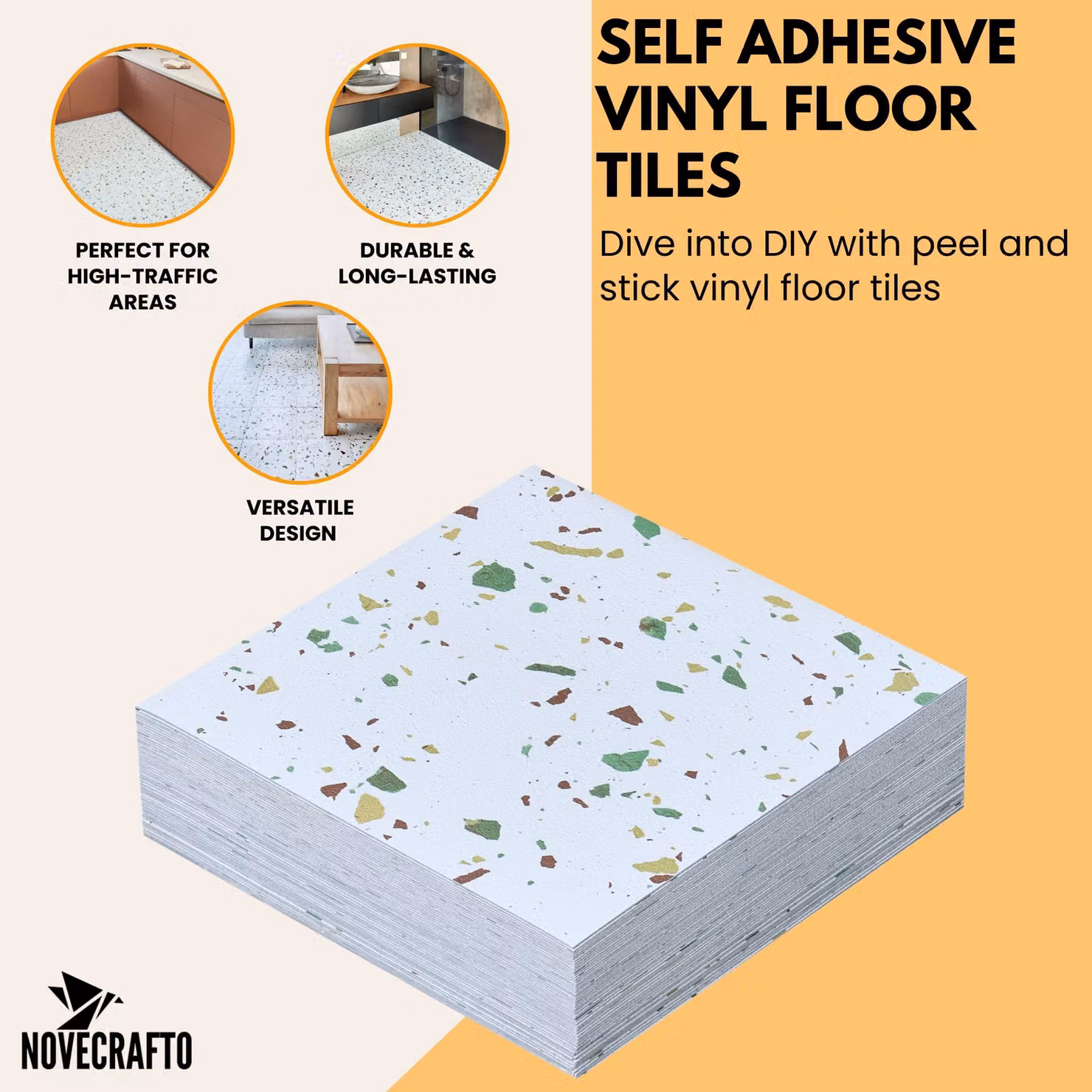 Novecrafto Self Adhesive Vinyl Floor Tiles, 30-Pack, White, W/D: 30.5 x 30.5 cm – 2