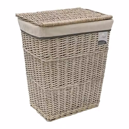 JVL Arianna Rectangular Tapered Willow Laundry Basket with Lid and Removable Bag, Grey