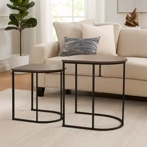 Gr8 Home Nest of 2 Modern Round Coffee Tables in Black Metal and Woodgrain Effect MDF, W/D/H: 55 x 40.5 x 36 cm and 40.5 x 36 x 2 cm – 1