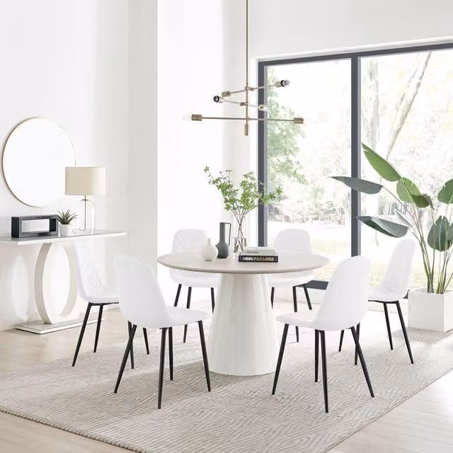 FurnitureboxUK Palma Beige Stone Effect Round Dining Table and 6 Corona Black Leg Chairs in White