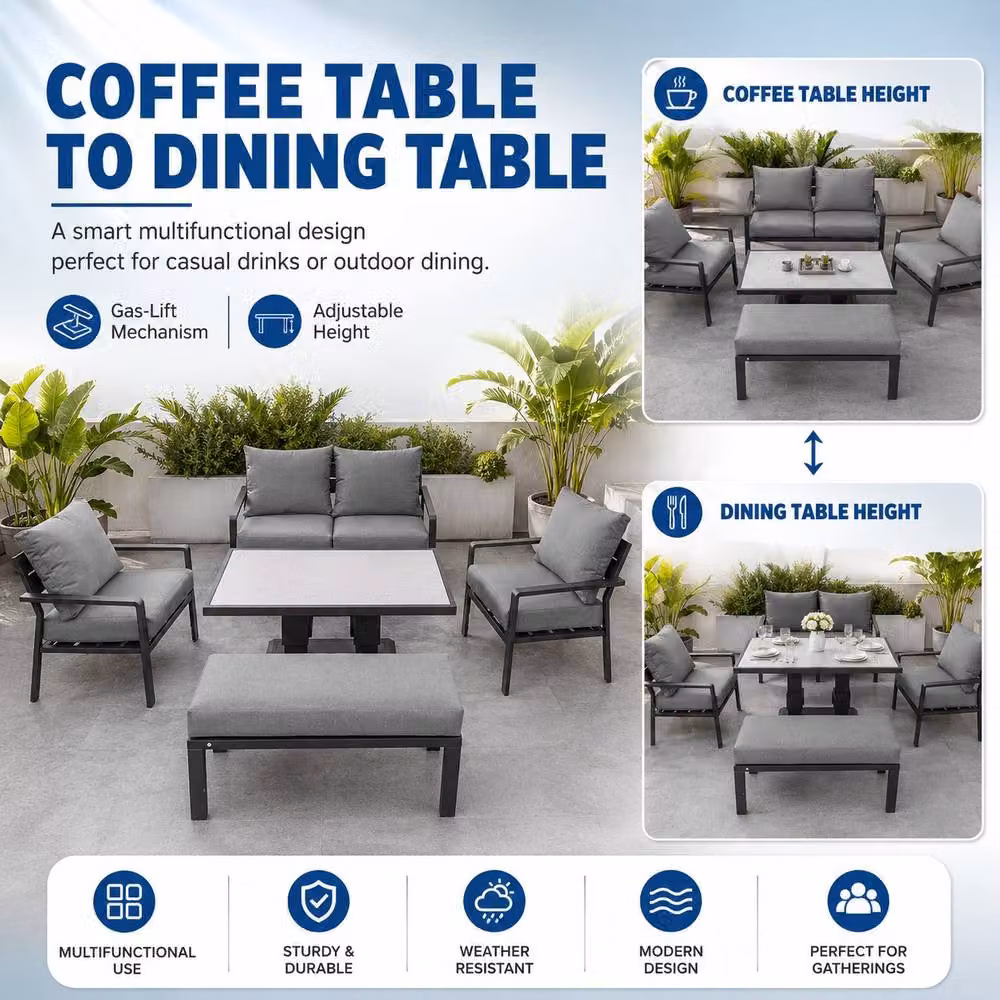 Shatchi 4 Seater Grey Aluminium Garden Sofa Set with Height Adjustable Gas Lift Glass Table – 4