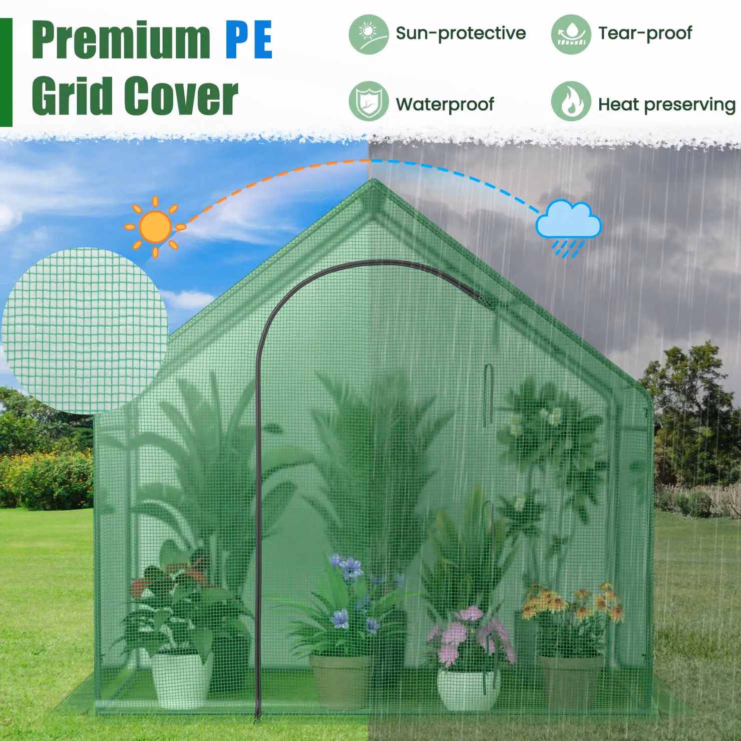 Gymax Green Walk-in Greenhouse PE Cover Tent with Roll-up Door and Window – 2