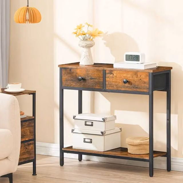 FORGEVIO Industrial Brown Wood Console Table, W/D/H: 75 x 24 x 75 cm
