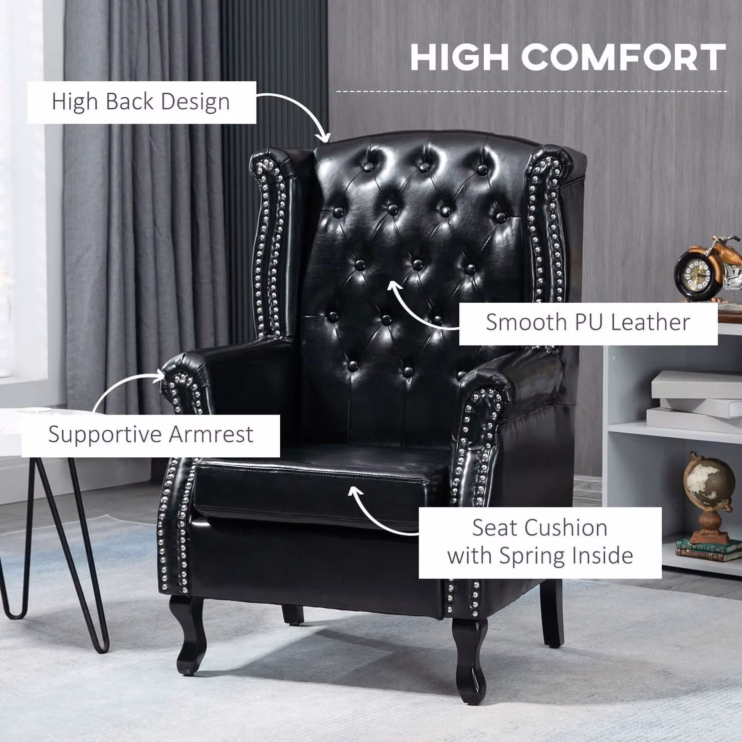 HOMCOM Chesterfield-style Wingback Armchair in Black PU Leather with Solid Wood Frame – 4