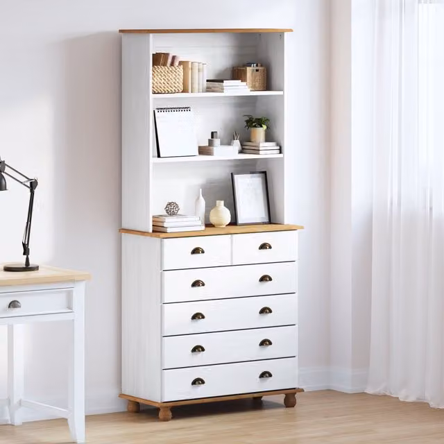 Berkfield Home ASKIM White Solid Wood Pine Hutch, W/D/H: 91 x 40 x 199.5 cm