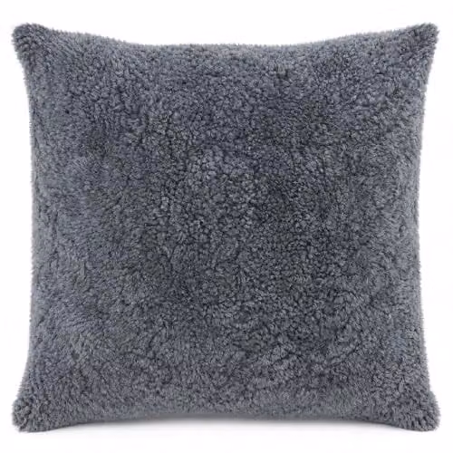 SNUGRUGS Grey Short Curly Wool Sheepskin Cushion with Cotton Backing and Inner, W/D/H: 50 x 50 x 50 cm