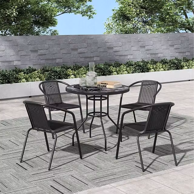 Breeins Black Round Garden Table with 4 PE Rattan Chairs and Glass Top