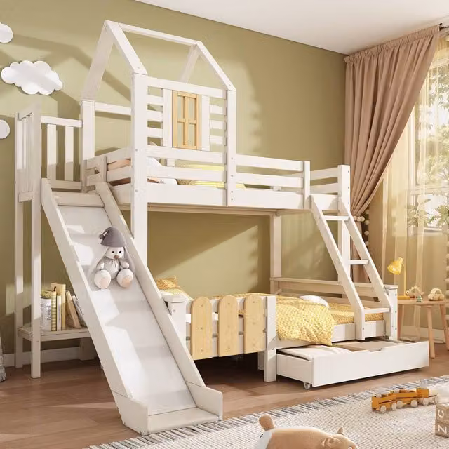 Matteo Double Bunk Bed for Children in White Lacquered Solid Wood with House Frame, Ladder, Slide and Drawers
