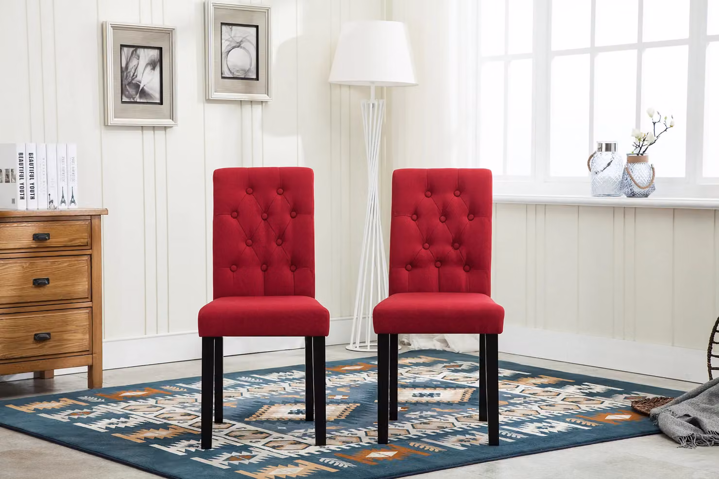 MCC Direct Set of 2 Red Linen Fabric Plush Padded Buttoned Back Dining Chairs – 2