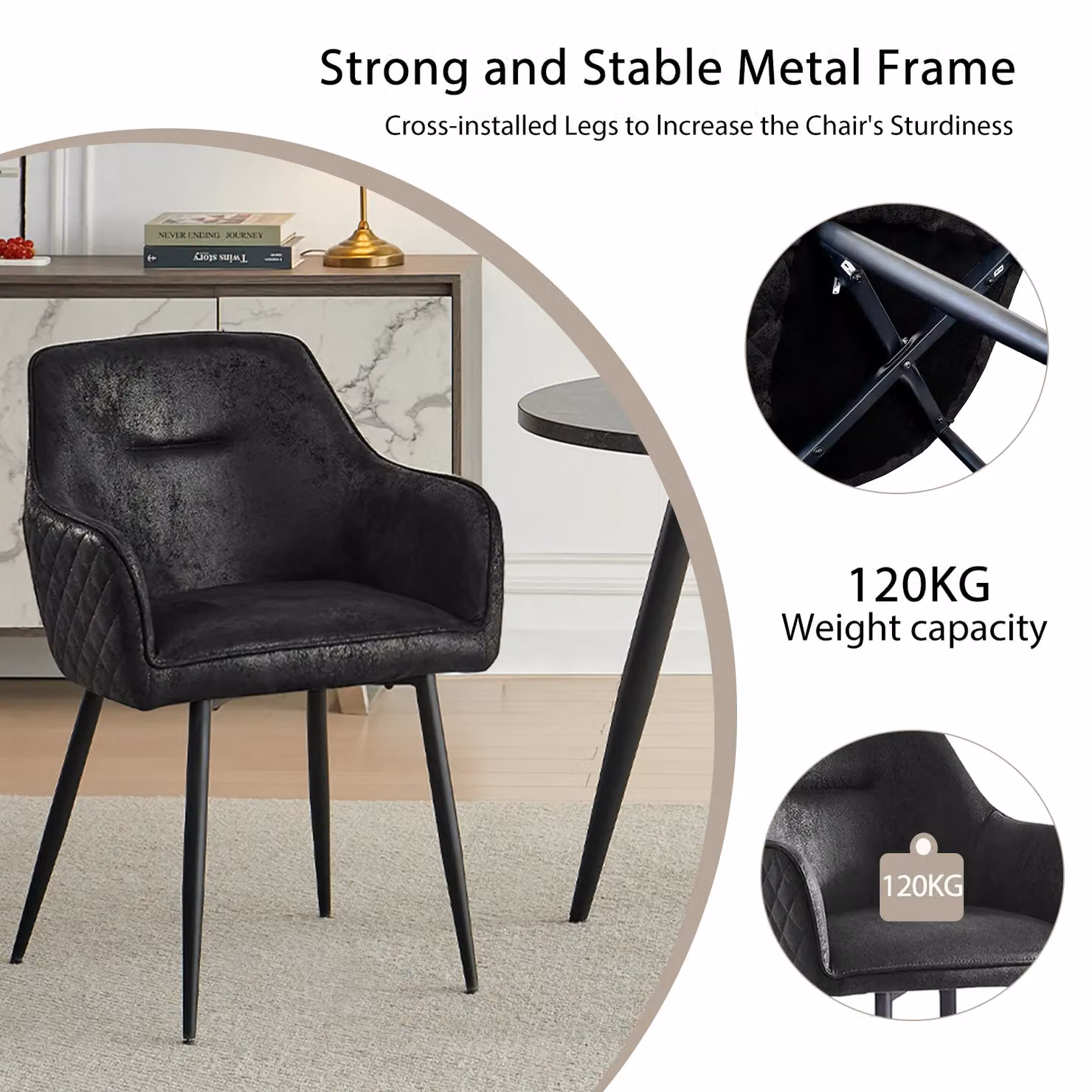 SONARA Set of 2 Modern Faux Suede Dining Armchairs in Black – 5