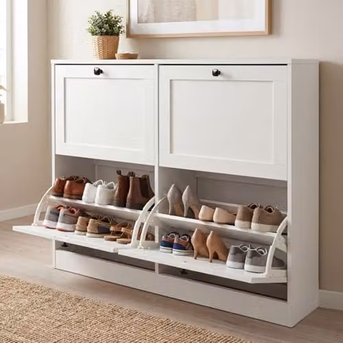 Levede White Scandinavian Slim Shoe Storage Cabinet with Tilting Compartments and Internal Shelves, W/D/H: 80 x 24 x 105 cm