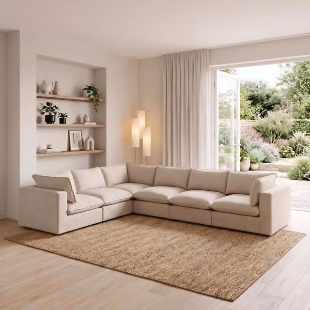 Furniturebox UK Echo 5 Seater L-Shaped Modular Corner Sofa in Cream Linen-Look Fabric