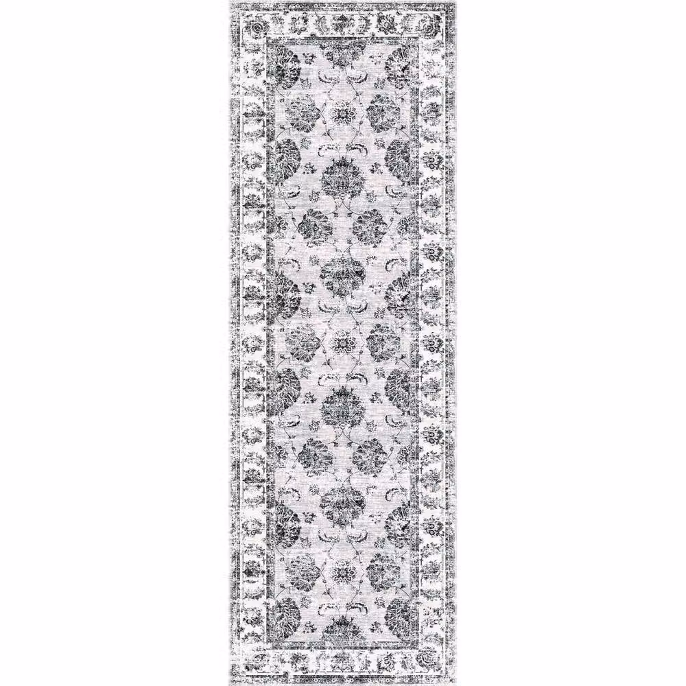 The Rug Shop UK Grey Bordered Floral Traditional Stain-Resistant Polyester Rug, W: 60 cm, L: 180 cm, Thickness: 7 mm – 2
