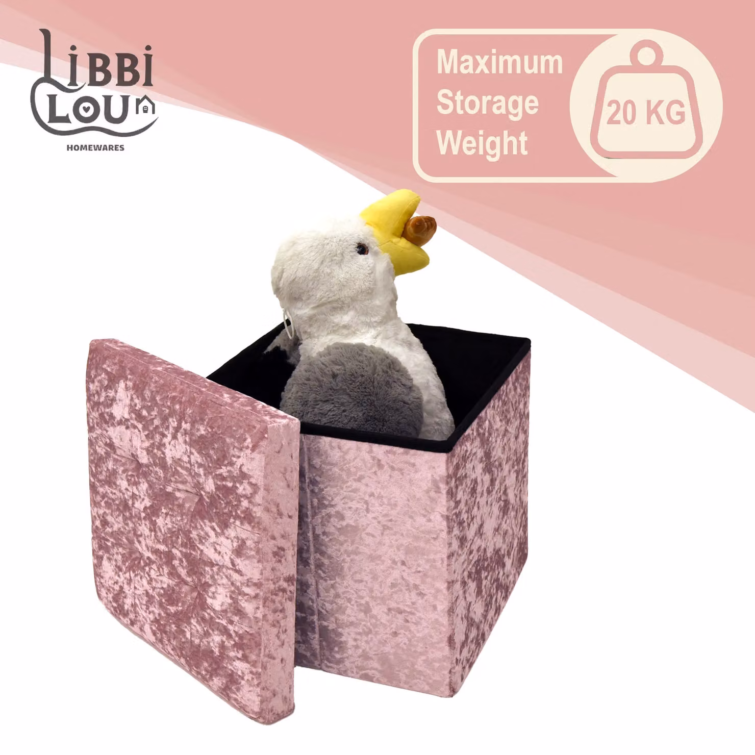 Libbi Lou Velvet Storage Ottoman Footstool in Pink, W/D/H: 38 x 38 x 38 cm – 2
