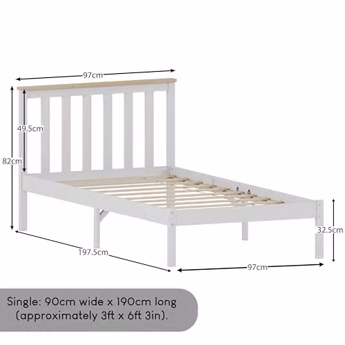 Vida Designs Milan Single Bed Frame in White and Pine, Solid Wood with Rustic Finish, H 82 x W 97 x D 196.5 cm – 2