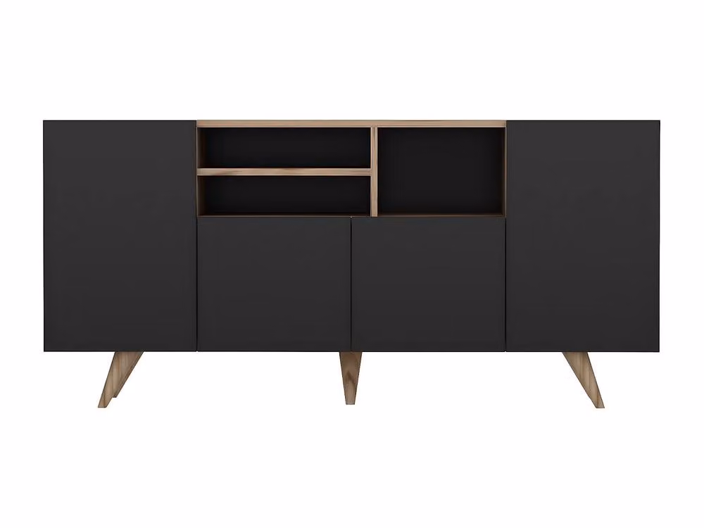 Vente-unique MOSTIA Modern Sideboard with 4 Doors and 3 Niches in Black and Natural, W/D/H: 160 x 42 x 75 cm – 2