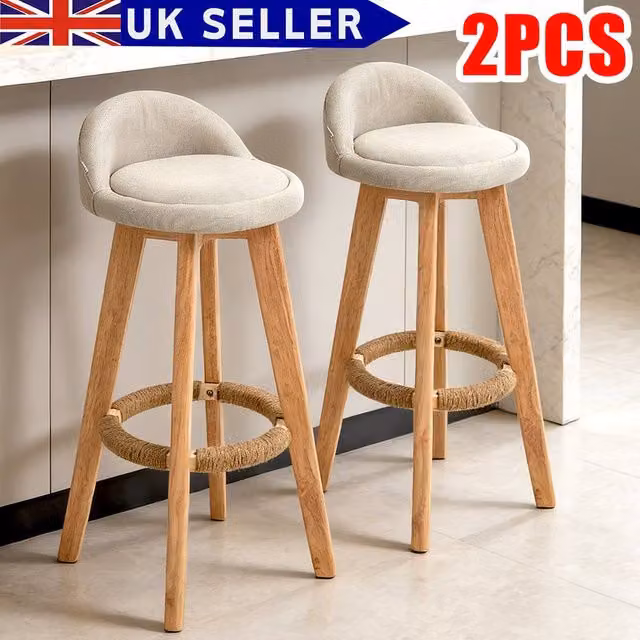 FORGEVIO Set of 2 Modern Low Back Bar Stools in Natural Wood and Beige Fabric – 1