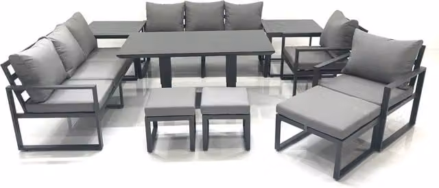 Fimous Dark Grey Aluminium Garden Sofa Set with Height Adjustable Dining Table, 2 Chairs, 3 Footstools and 2 Side Tables