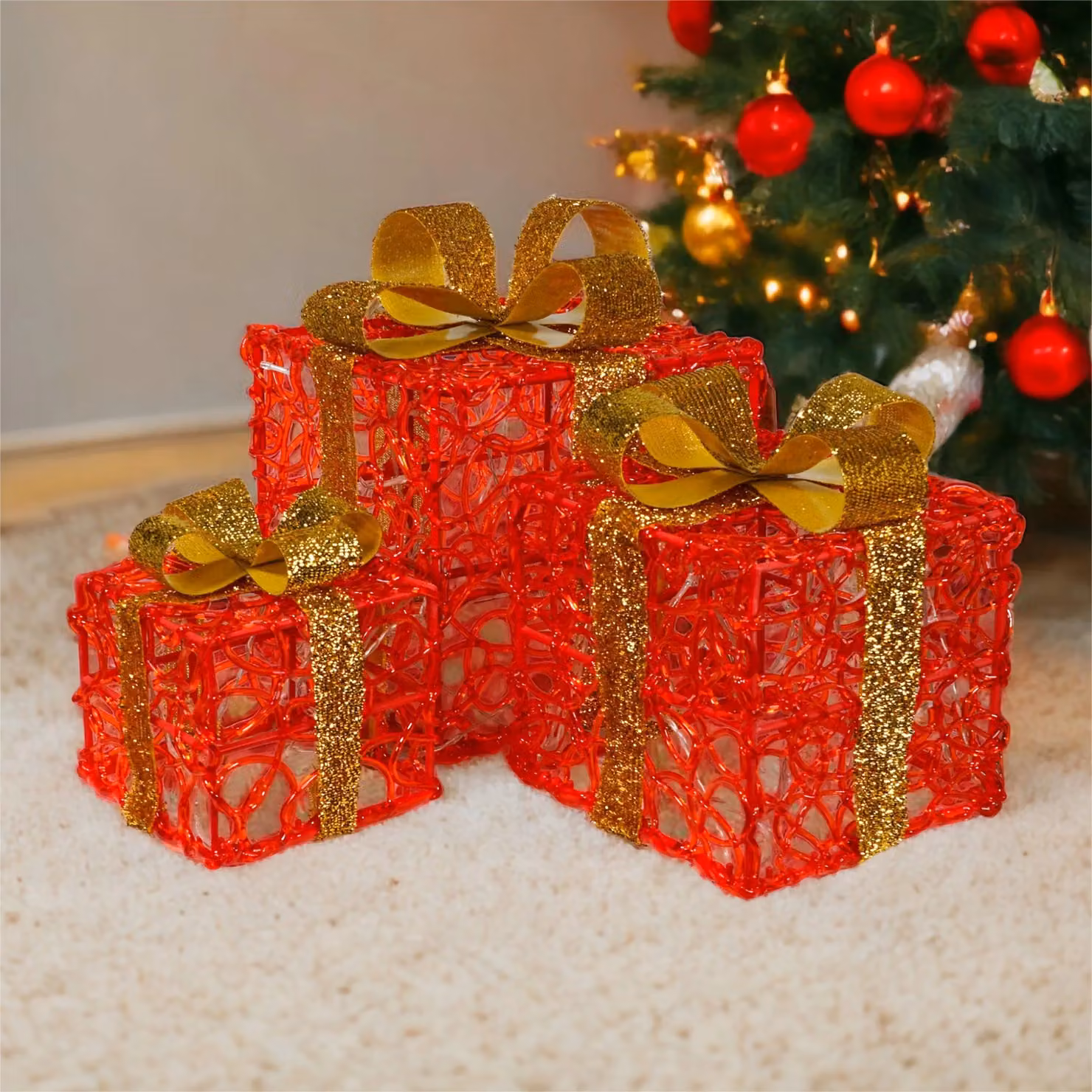 Netagon Set of 3 Red LED Light Up Battery Operated Rectangular Christmas Boxes with Timer – 3
