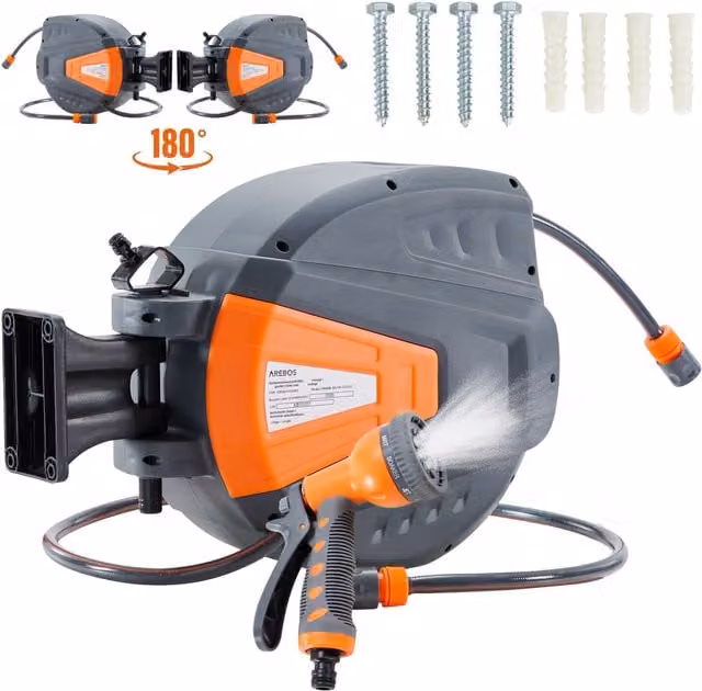 AREBOS 30-Metre Swivel Hose Reel with Locking Stop in Orange