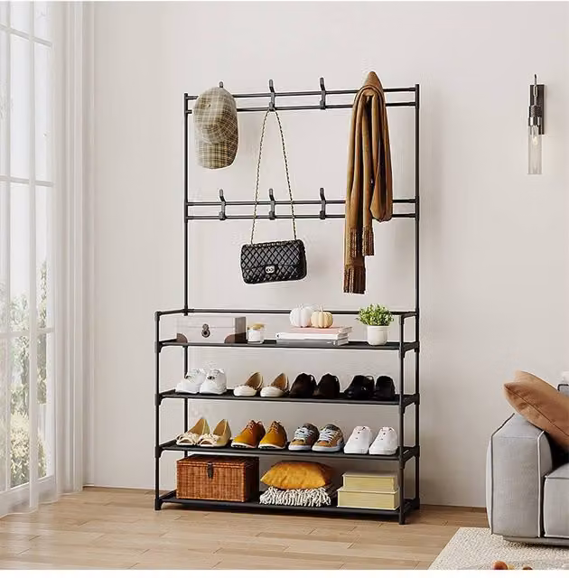 Living and Home Modern Metal Shoe Rack with Hat and Coat Hooks in Matt Black