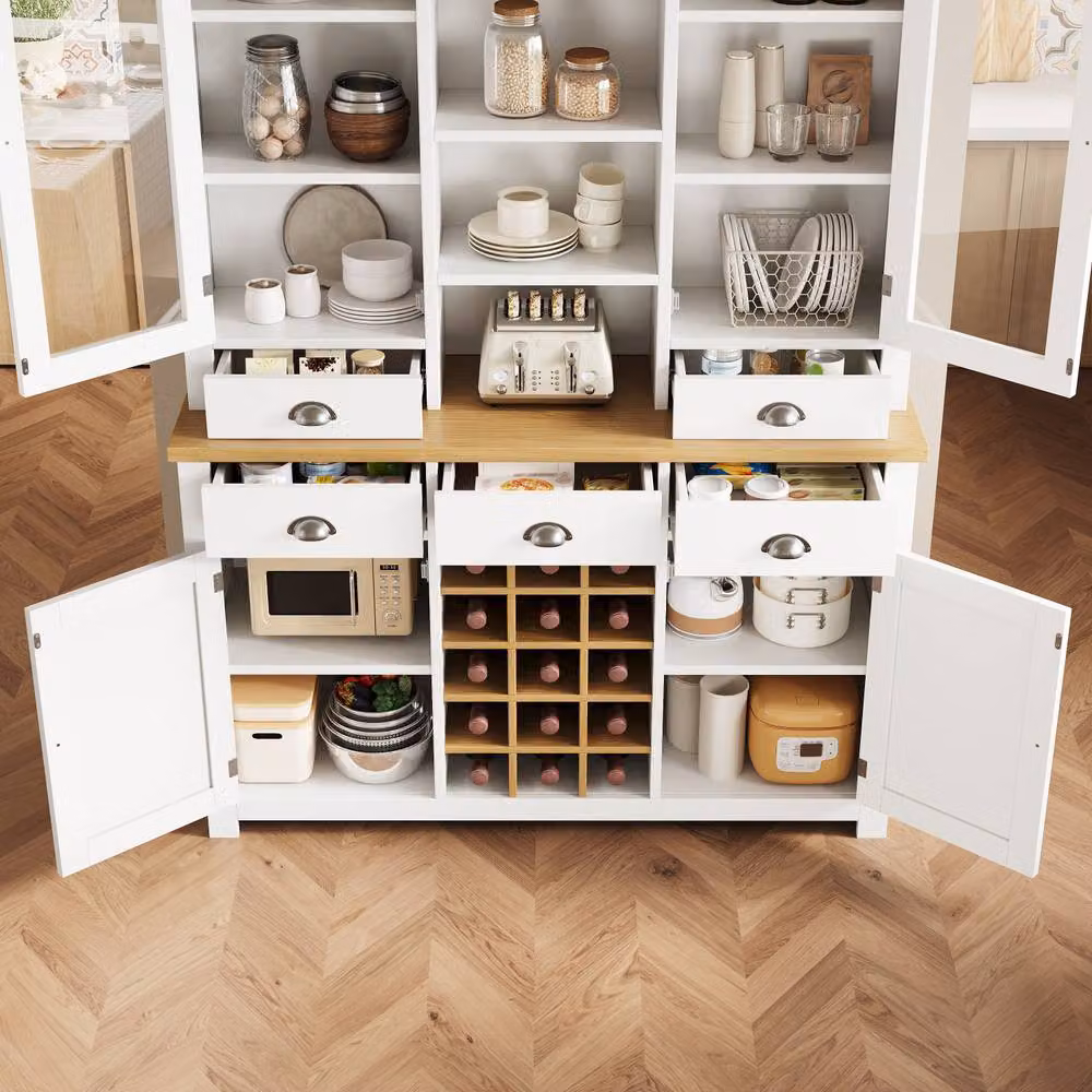Rolipo Tall White Kitchen Pantry Cabinet with Glass Doors, Wine Rack and Drawers, H 185.0 cm x W 120.0 cm – 2