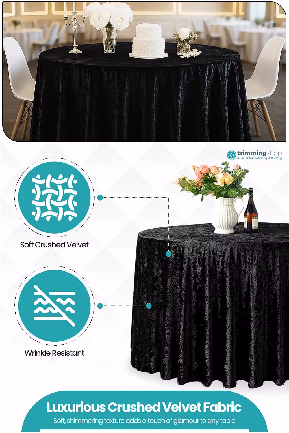 Neel Blue Diamond Black Velvet Round Tablecloth, Diameter: 228.6 cm – 2