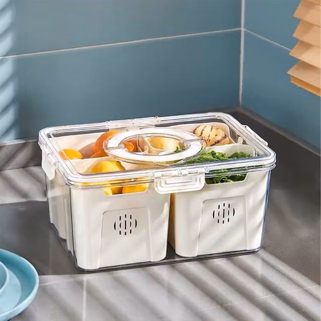 Lifeideas White Plastic Kitchen Draining Storage Container with Snap Lid and Compartments, W: 14.5 cm, L: 31 cm