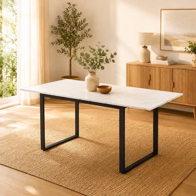 HomeTouch White Marble Effect Extendable Dining Table with Iron Metal Legs, W: 80 cm, L: 140-180 cm, H: 75 cm – 1