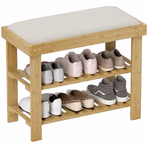 HOMCOM 3-Tier Bamboo Shoe Storage Bench with Upholstered Seat, White and Beige, W/D/H: 120 x 29 x 49 cm – 1