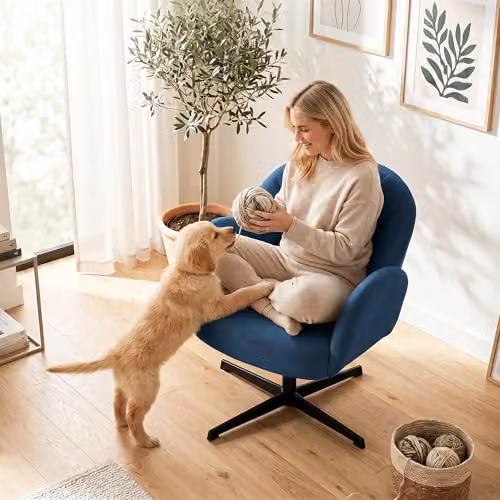 HOMCOM Modern Swivel Accent Chair in Blue Velvet-Feel Fabric with Armrests – 7